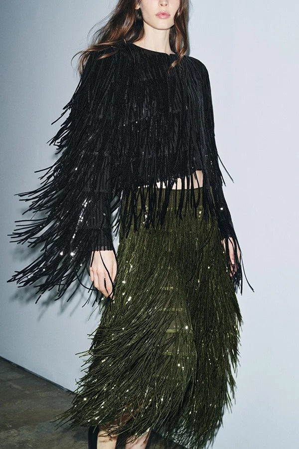 Party Crasher Layered Sequined Tassels High Rise Back Zipper Midi Skirt