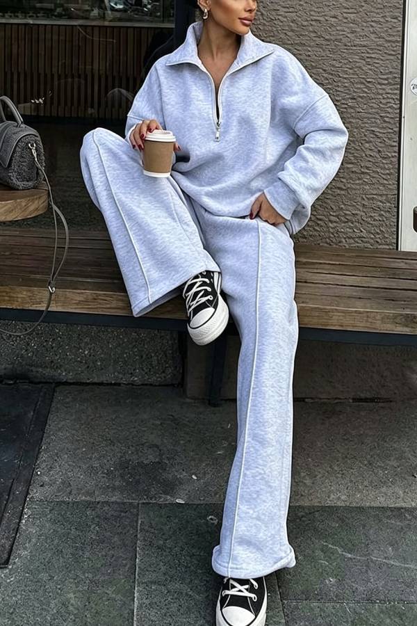Stylish Half-open Zipper Pullover Sweatshirt and Elastic Waist Wide Leg Pants Set