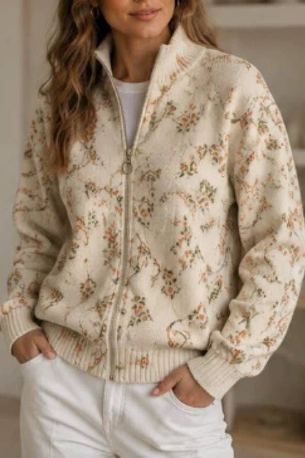 Vintage Floral Print Zip‑Up Collared Knit Cardigan