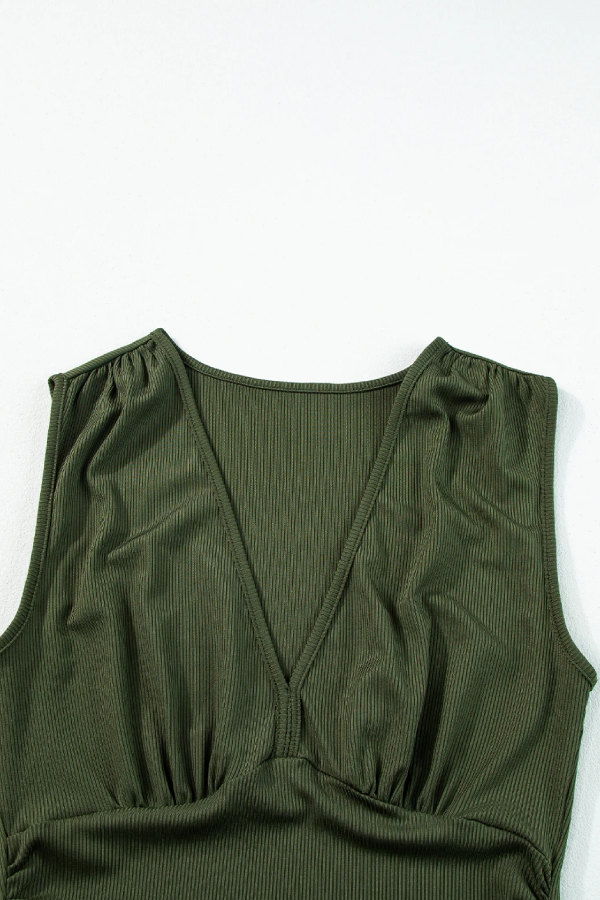 Moss Green Sleeveless V Neck Ruched Wide Leg Jumpsuit