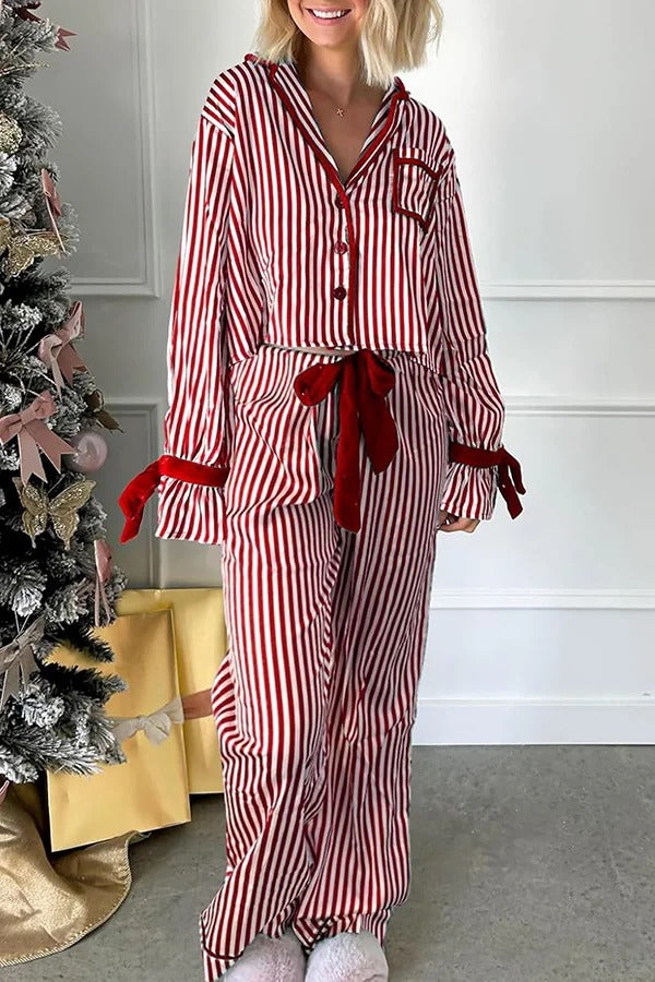 Striped Printed Color-blocked Trim Long-sleeved Loose Top and Elastic Waist Belt Wide-leg Pants Set
