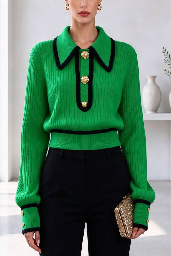 Olivia Knit Top with Contrast Piping and Collar