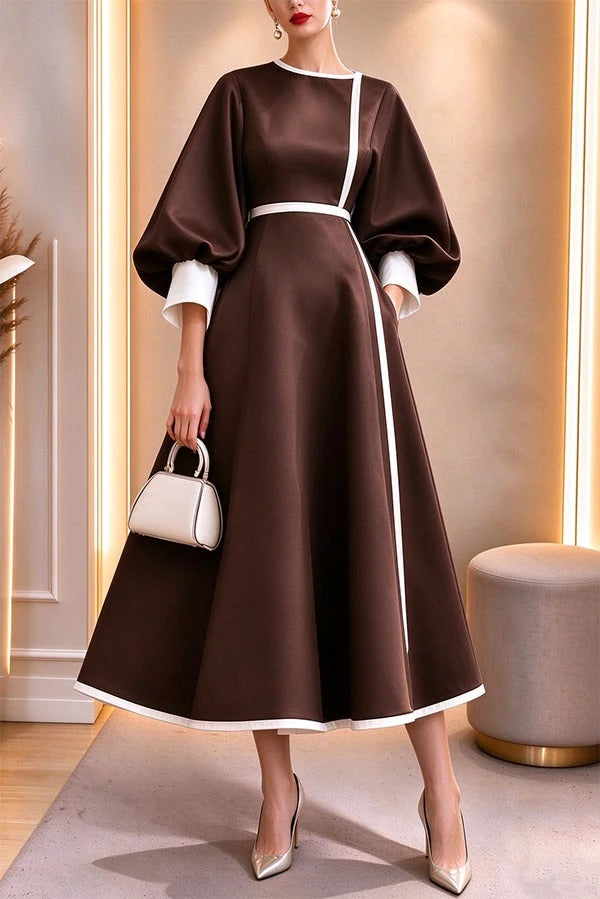 Elegant Color-block Lantern Sleeve Cinched Waist Pocketed Mid Dress