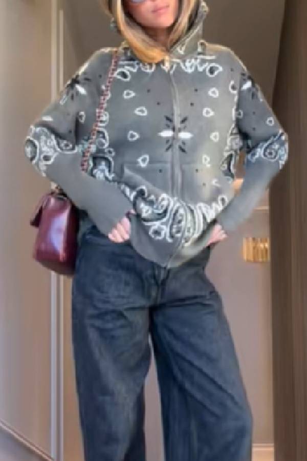 Paisley Bandana Print Zip Up Knit Jacket