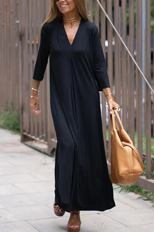 Solid Color V Neck Comfy Dresses