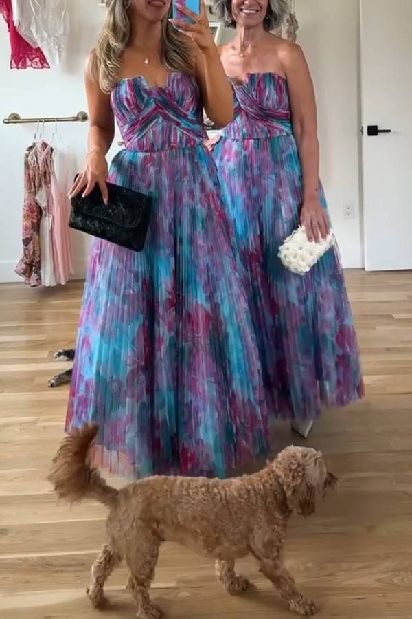 Strapless Floral Print Pleated Swing Maxi Dress