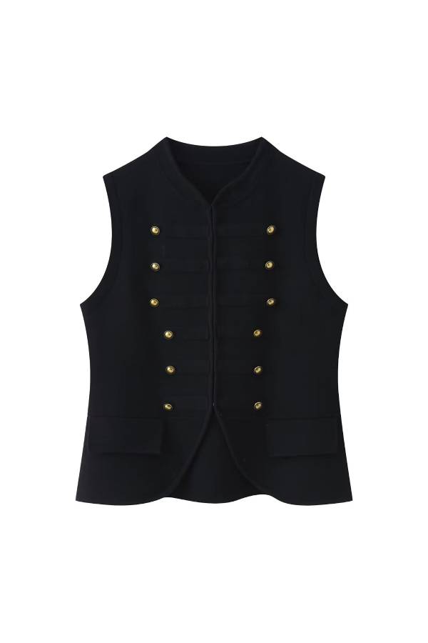 French Vintage Stand‑Collar Double‑Breasted Metal‑Button Fitted Waistcoat