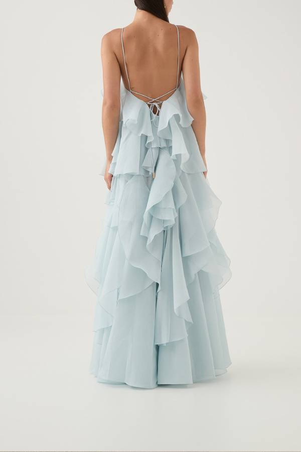 Free - Flowing Rose Detail Tiered Ruffles Halter A-line Maxi Dress
