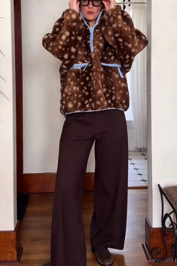 Bambi Print Color Block Trim High-Pile Fleece Zipper Half Neck Long Sleeve Pocket Sweatshirts