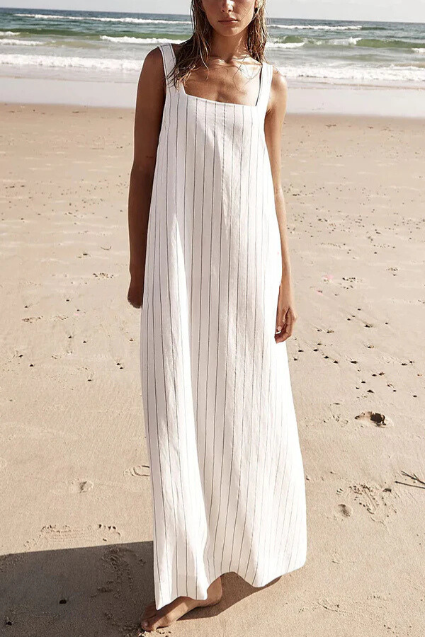 Simple and Stunning Linen Blend Pinstripe Detail Square Neck A-line Maxi Dress