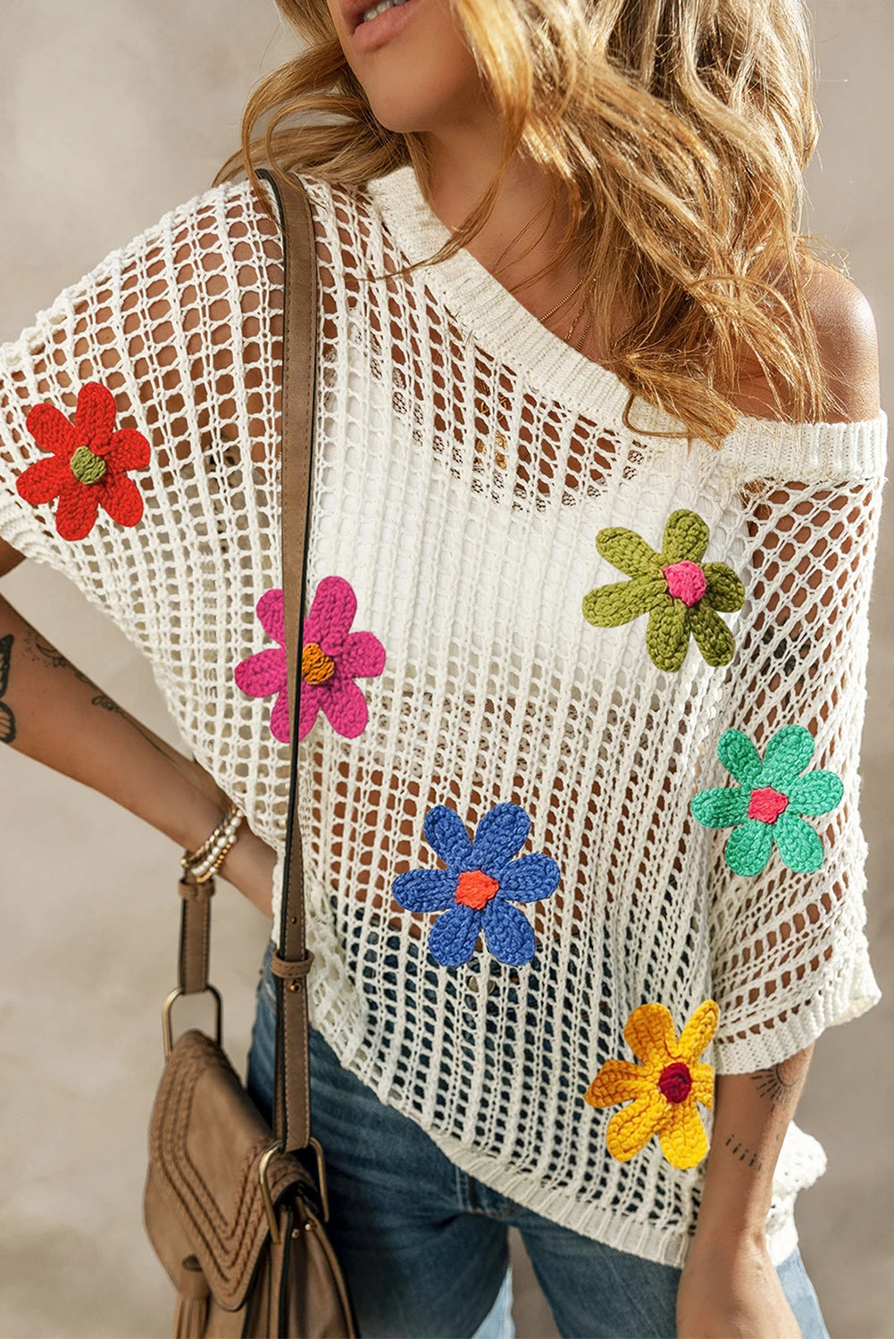 Hollowed Crochet Colorful Flower Loose Knit T Shirt