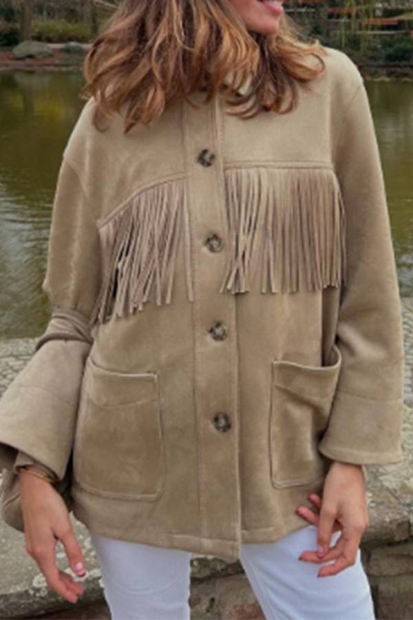 Retro-style coat with lapel and fringed suede