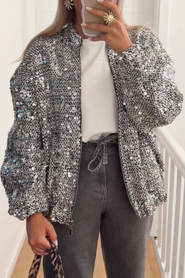 Sequined textured baseball collar short jacket