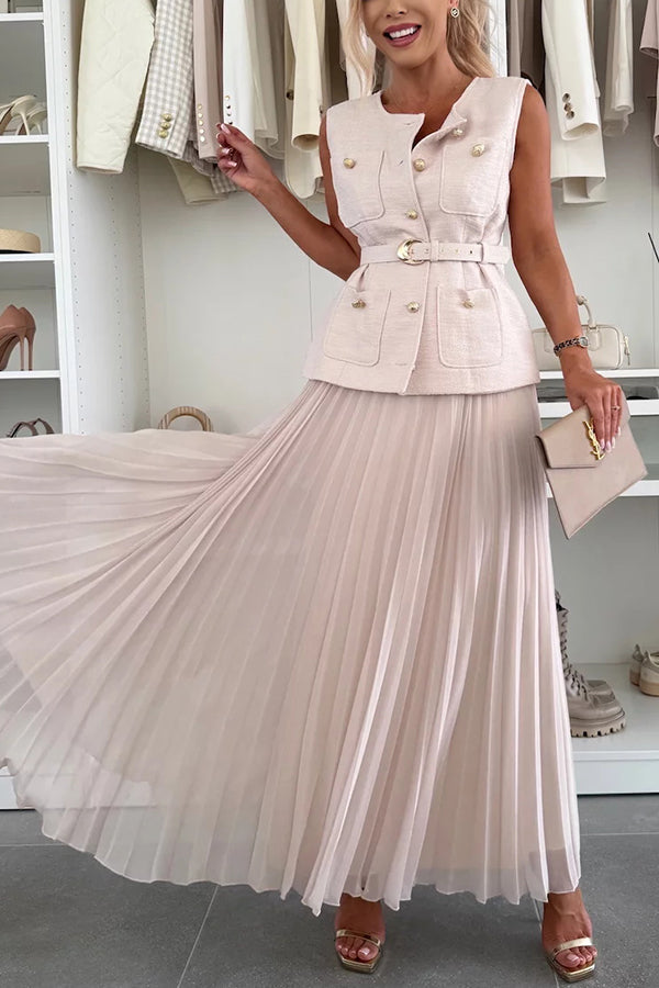 Relaxed and Elegant Pleated Tulle Side Zipper A-line Maxi Skirt