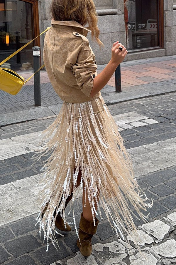 Champagne Party Layered Sequined Tassels Mid Rise Elastic Waist Midi Skirt