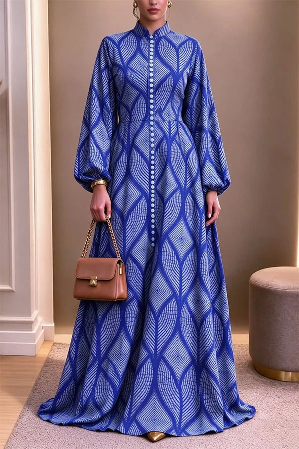 Elegant Unique Print Button Front Details Long Balloon Sleeve Maxi Dress