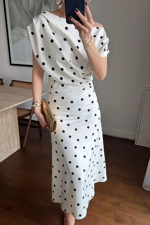 Adelah Polka Dot Print One Shoulder Ruched Short Sleeve Midi Dress