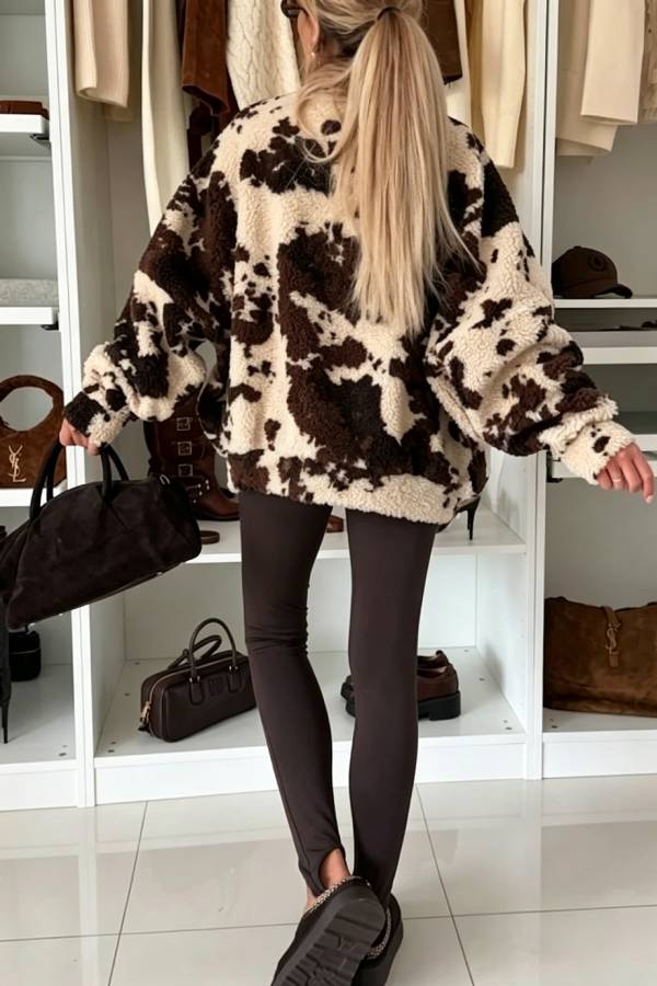 Soft and Fluffy Teddy Bear Fleece Material Contrast Color Long Sleeve Pocket Zipper Coat