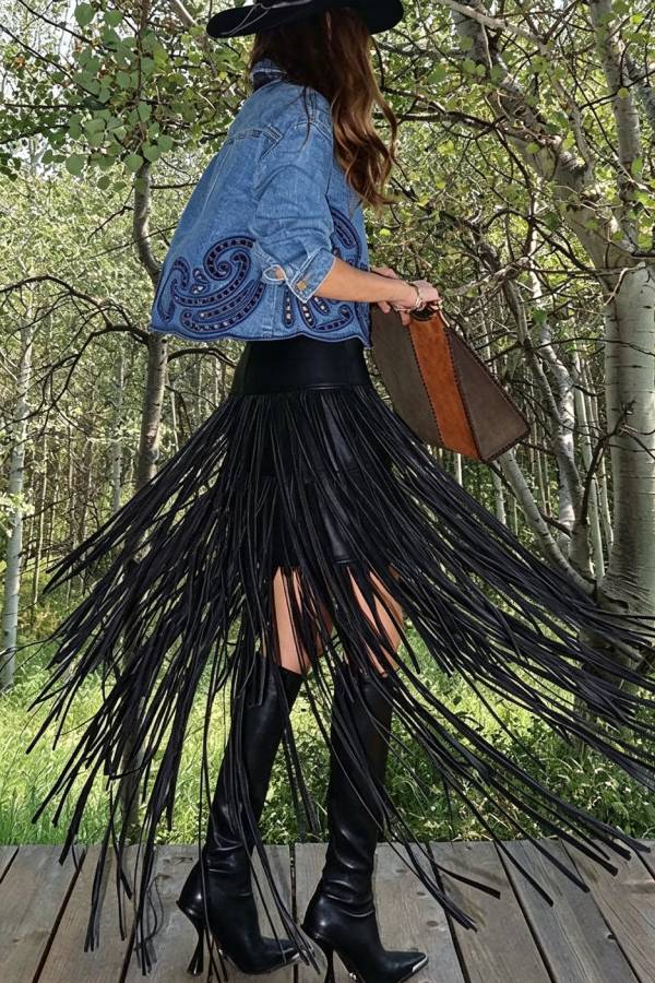 Evie Faux Leather High Rise Three-layer Tassels Stretch Maxi Skirt
