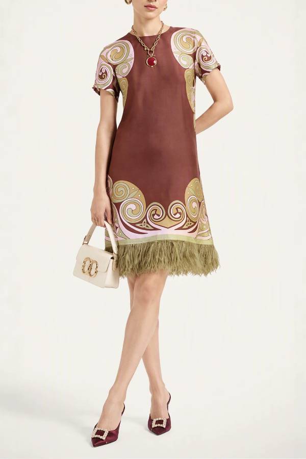 Satin Printed Feather Tassel Shift Dress