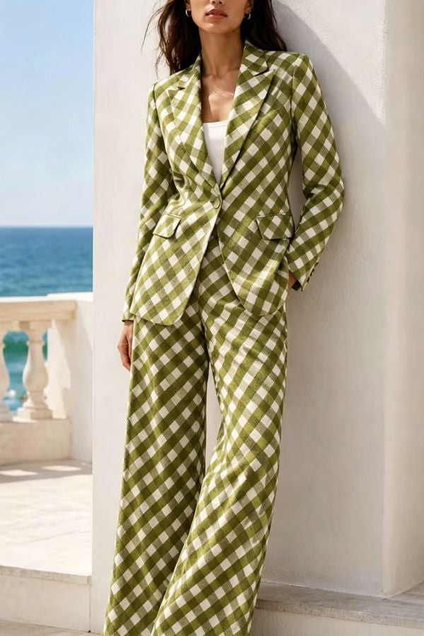 Color‑Block Print Blazer & Wide‑Leg Pants Two‑Piece Suit