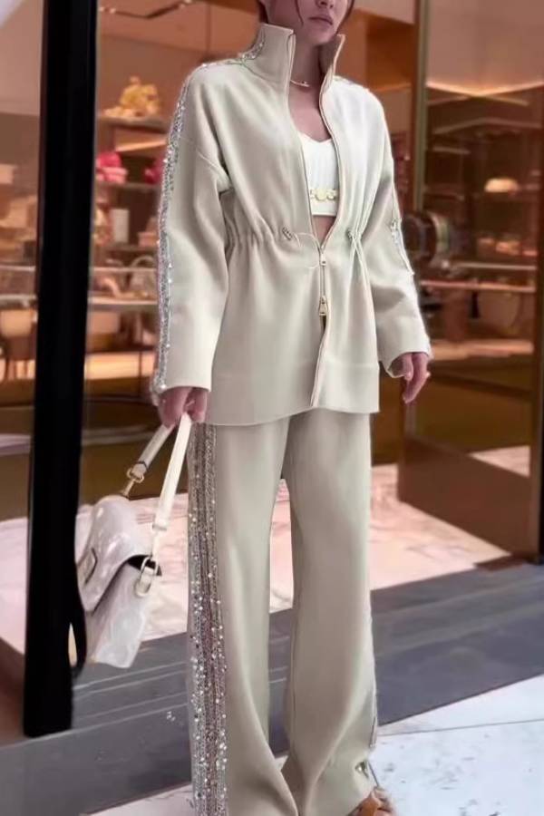 Sequined Drawstring Waist Suit