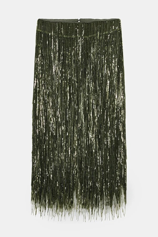 Party Crasher Layered Sequined Tassels High Rise Back Zipper Midi Skirt