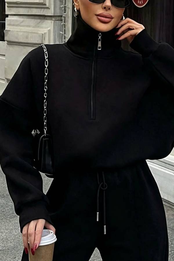 Stylish Half-open Zipper Pullover Sweatshirt and Elastic Waist Wide Leg Pants Set