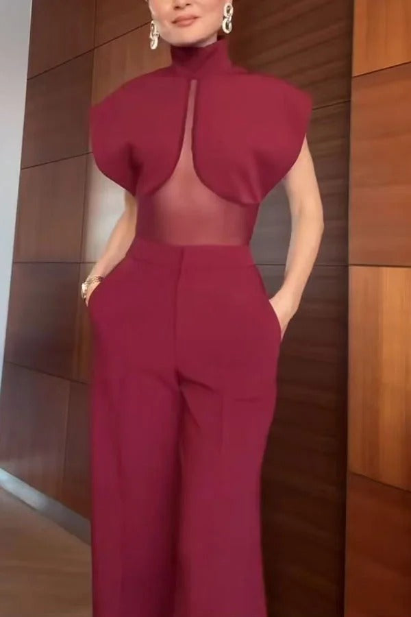 Vita Mesh Patchwork High Neck Wide Sleeve Bodysuit and High Rise Pocket Slit Pants Set