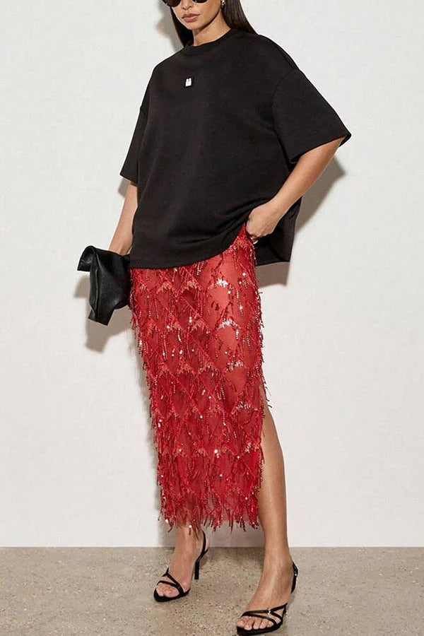 Fashionable Mesh See-through Sequined Tassel Midi Skirt
