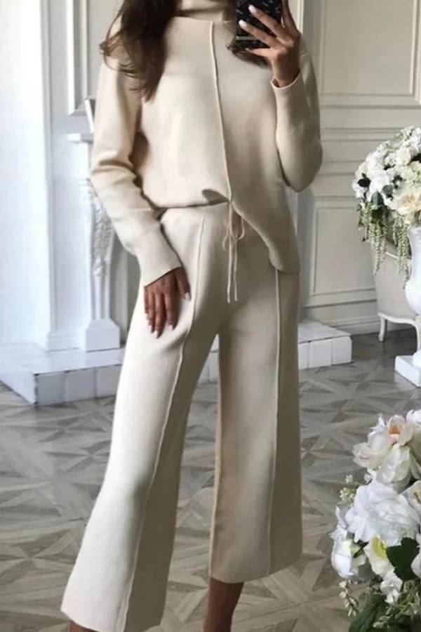Casual High-neck Knitted Wide-leg Pants Two-piece Suits