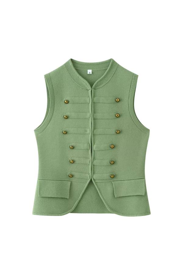 French Vintage Stand‑Collar Double‑Breasted Metal‑Button Fitted Waistcoat