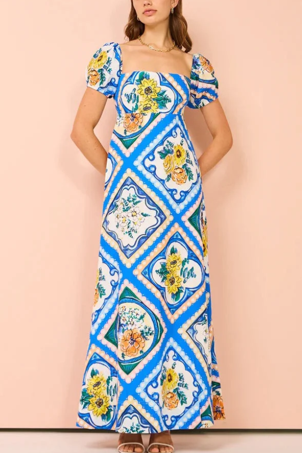 Art Blue Square Collar Print Linen Long Dresses Summer