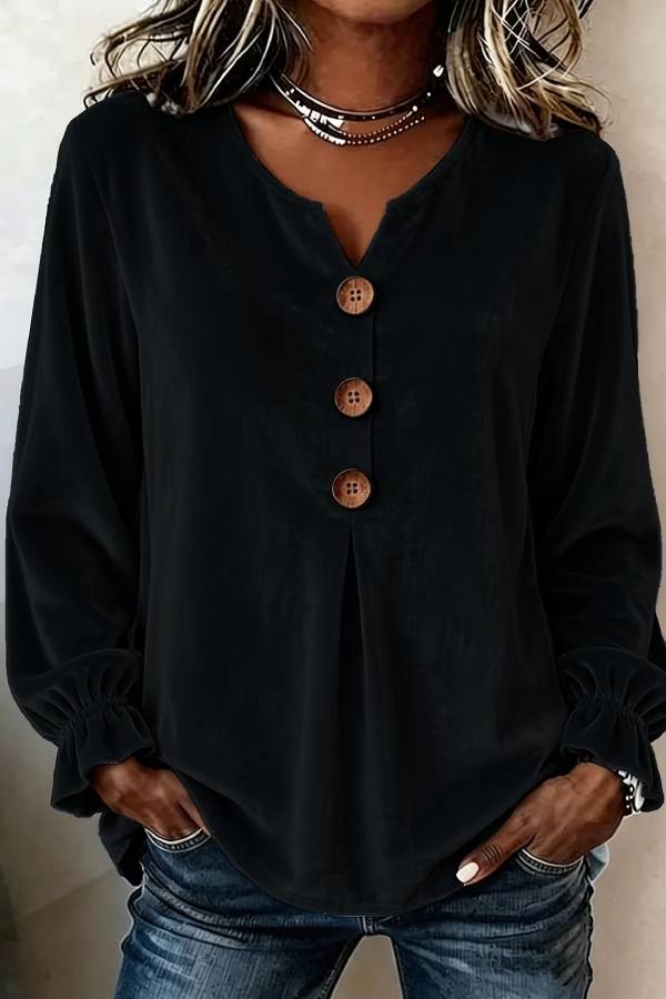 Velvet Notch V Neck Wooden Button Pleated Bell Sleeve Loose Blouse Top