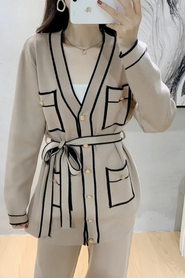 Elegant Color Contrast Two-piece Sweater Suit