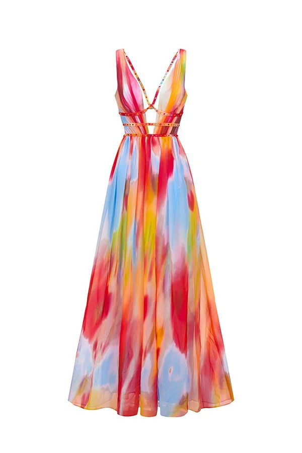 Eileen Tie-dye Print Exquisite Jewelry Ribbon Decoration Strapless Slit Maxi Dress