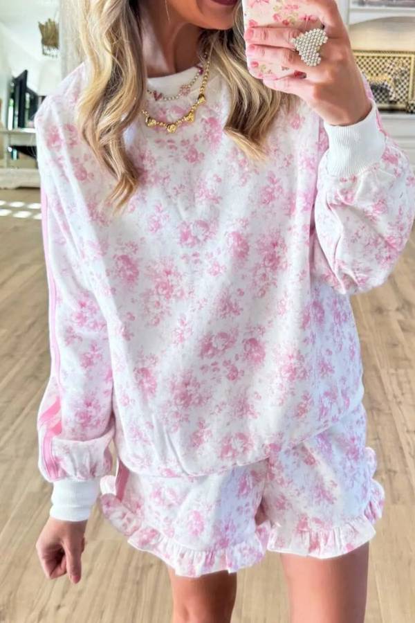 Floral Print Long Sleeve Sweatshirt and Shorts Set