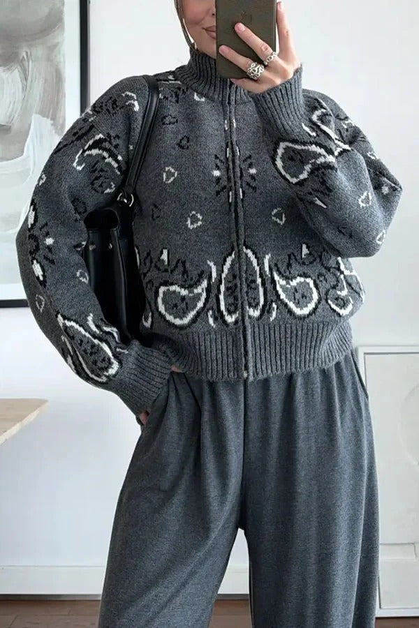 Bandana Knit Printed High Neck Long Sleeve Zipper Relaxed Cardigan