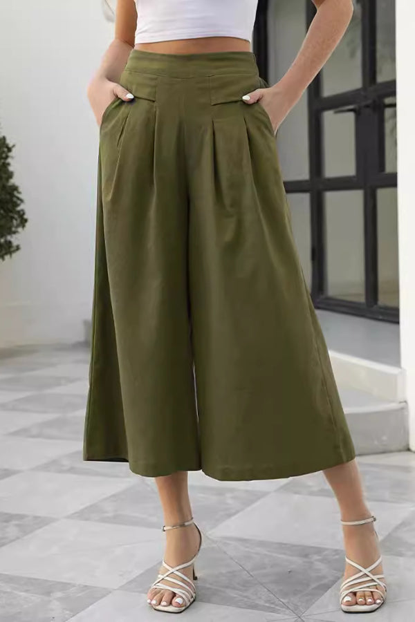 Skirts, Cotton-feel, Elastic Waist, Wide-leg, Nine-point Trousers, Pocket Workwear, Casual Pants, Loose