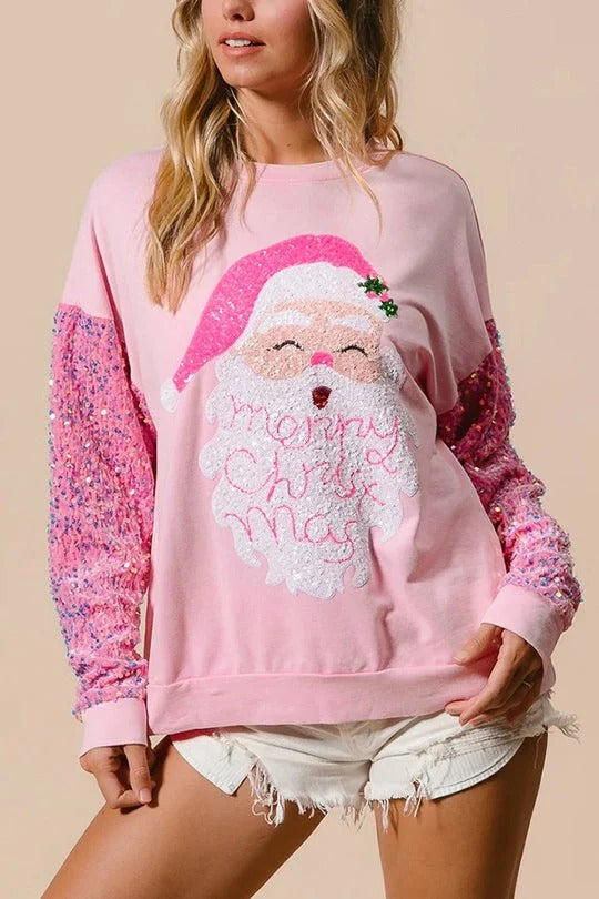 Pink Big Santa Sequin Sleeve Sweatshirt