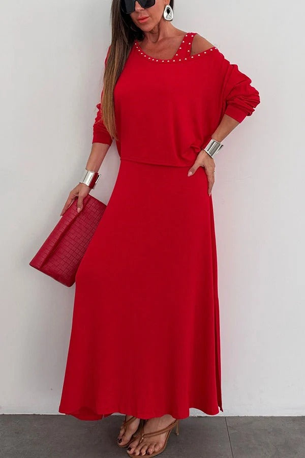 Samara Modal Beaded Detail Batwing Sleeves Loose Top and Tank Slit Maxi Dress Two Pieces Set