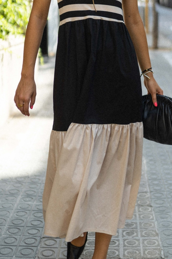 Black and white striped contrast stitching long suspender dress