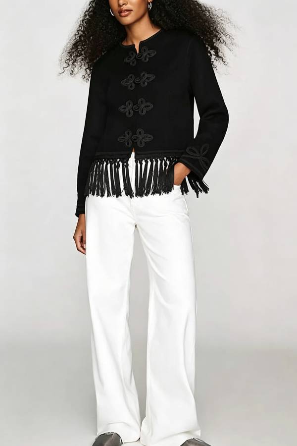 Vintage Bohemian Style Embroidered Tassel Trim Long Sleeve Jacket