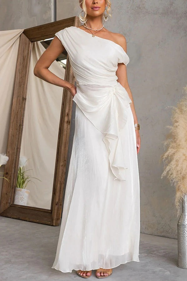 Yara Metallic One Shoulder Ruched Ruffle Hem Top and High Rise Flare Maxi Skirt Set