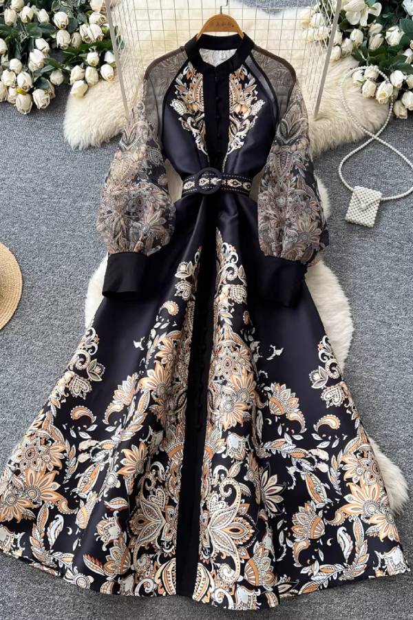 Vintage Paisley Lantern Sleeve Maxi Dress