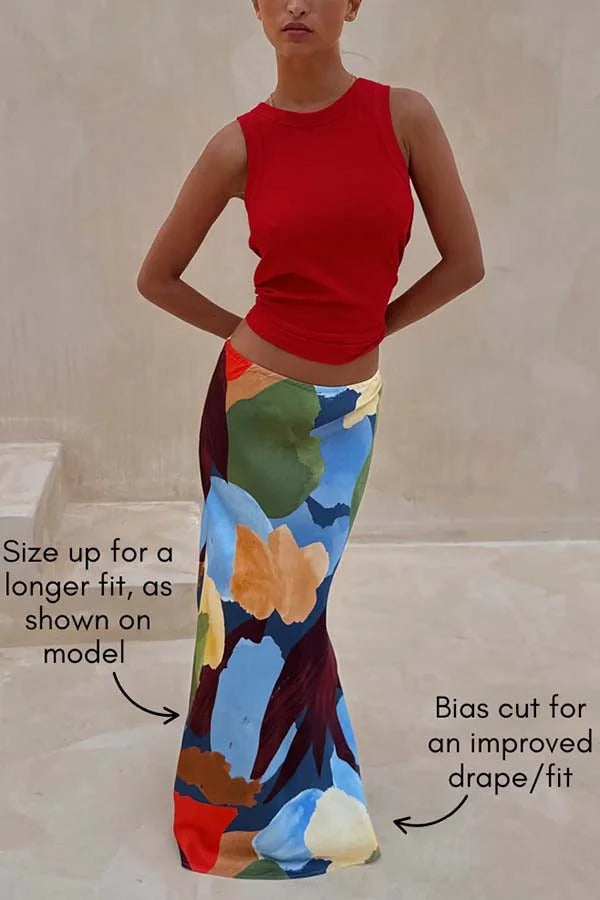 Bright and Bold Satin Abstract Color Blocks Print Elastic Waist Drape Maxi Skirt