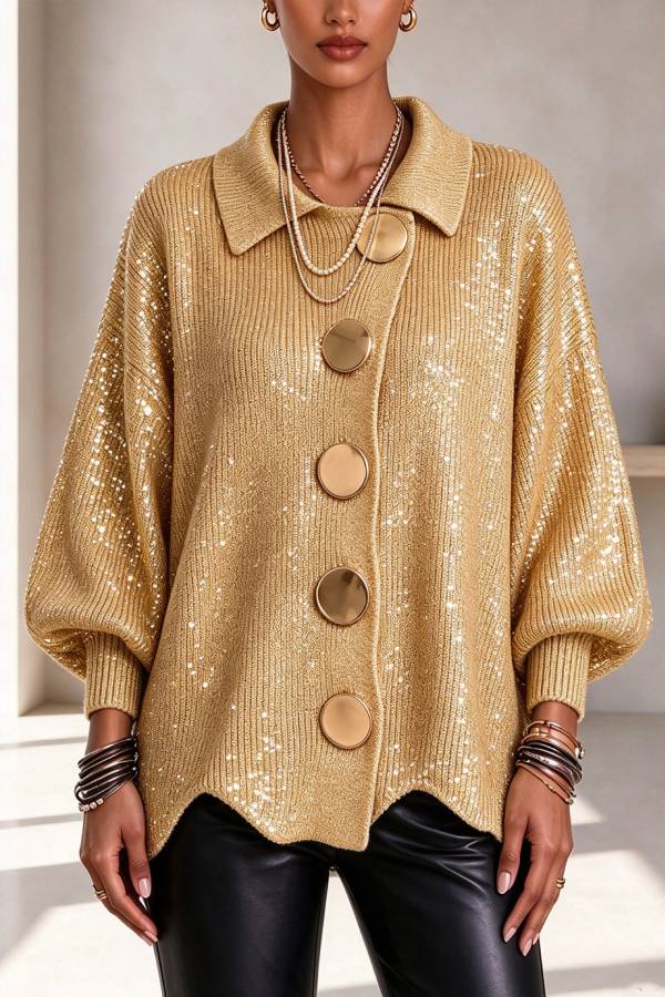 Metallic Sequin Button Up Long Balloon Sleeve Wavy Hem Loose Cardigan