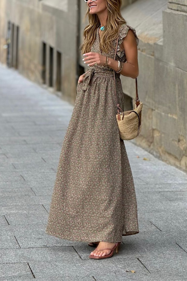 V-neck Ruffled Short-sleeved Waist Floral Long Dress