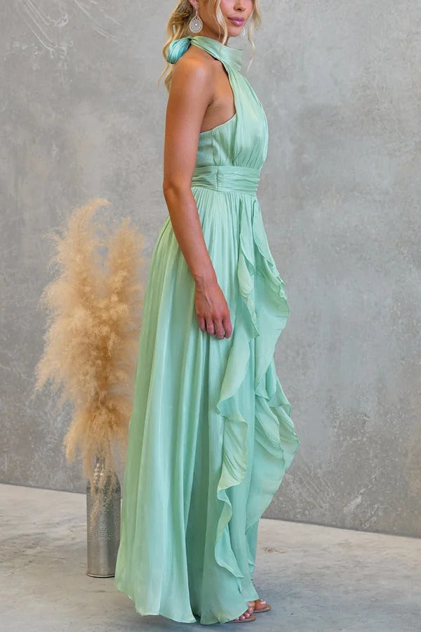 Coral Textured Metallic Chiffon Material High Tie Neck Ruffles Maxi Dress