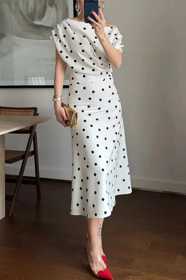 Adelah Polka Dot Print One Shoulder Ruched Short Sleeve Midi Dress